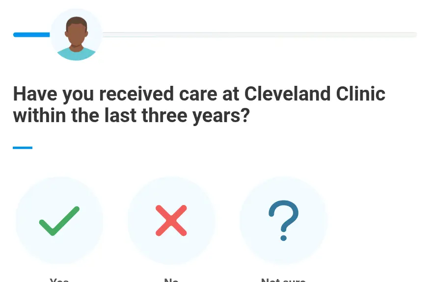 Cleveland Clinic lead form screen 3: three icon tiles for yes, no and not sure, asking whether you have received care in the last three years