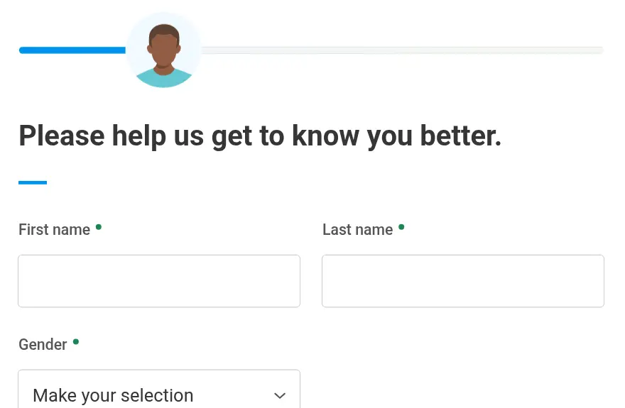 Cleveland Clinic lead form screen 4: first name and last name fields and a gender dropdown under the progress bar