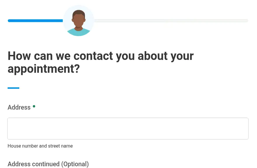 Cleveland Clinic lead form screen 5: the address field with a house number hint, the start of the contact details step