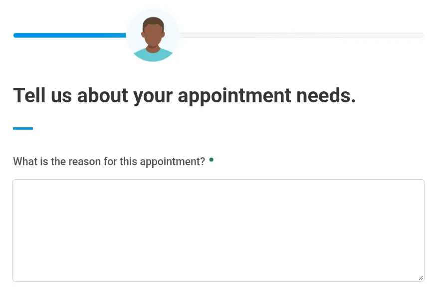 Cleveland Clinic lead form screen 6: a large text area asking the reason for the appointment