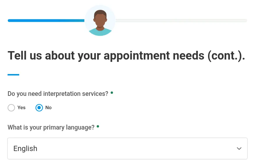 Cleveland Clinic lead form screen 7: radio buttons asking whether you need interpretation services and a primary language dropdown set to English