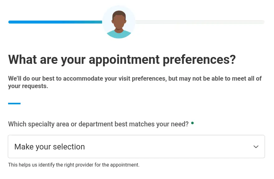 Cleveland Clinic lead form screen 8: a dropdown asking which specialty area or department best matches your need
