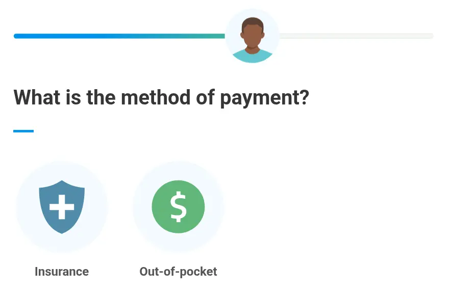 Cleveland Clinic lead form screen 11: two icon tiles for insurance and out-of-pocket payment