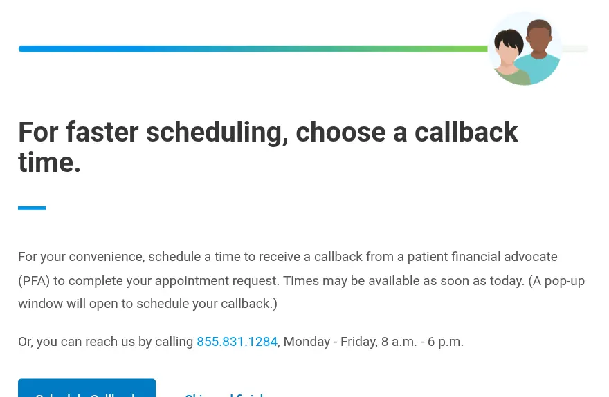Cleveland Clinic lead form screen 13: the final step offering to schedule a callback from a patient financial advocate, with Schedule Callback and Skip and finish buttons