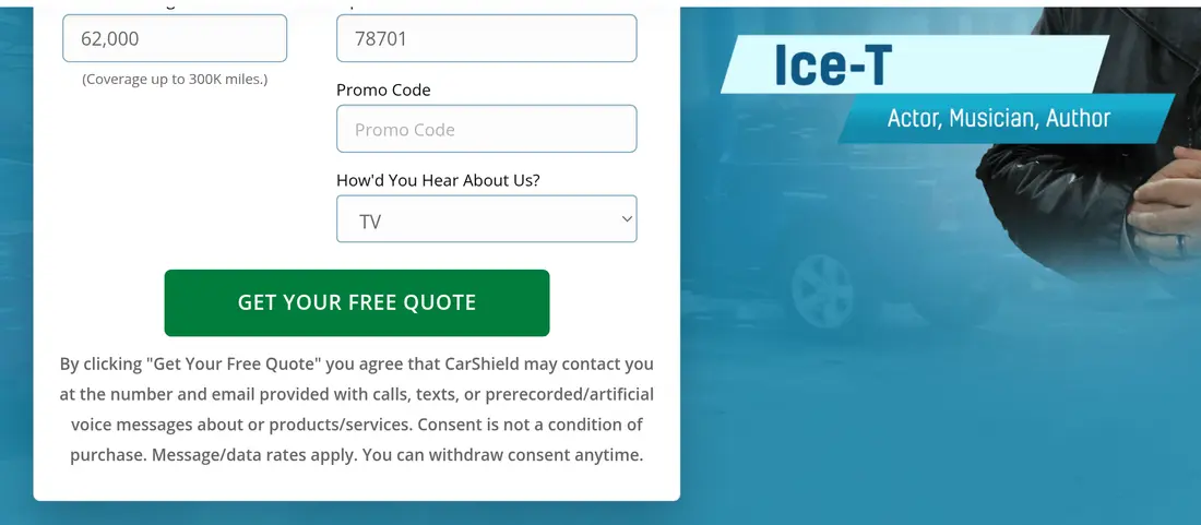 CarShield lead form screen 2: the bottom of the quote form with promo code, how you heard about us, the Get Your Free Quote button and the contact consent paragraph