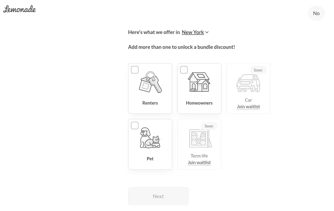 Lemonade lead form screen 2: illustrated cards to pick renters, homeowners, car, pet or term life insurance, with a state dropdown
