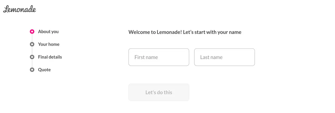 Lemonade lead form screen 3: first name and last name fields next to a four-step progress list