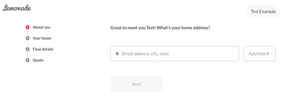 Lemonade lead form screen 4: a street address field with autocomplete and an apartment number field