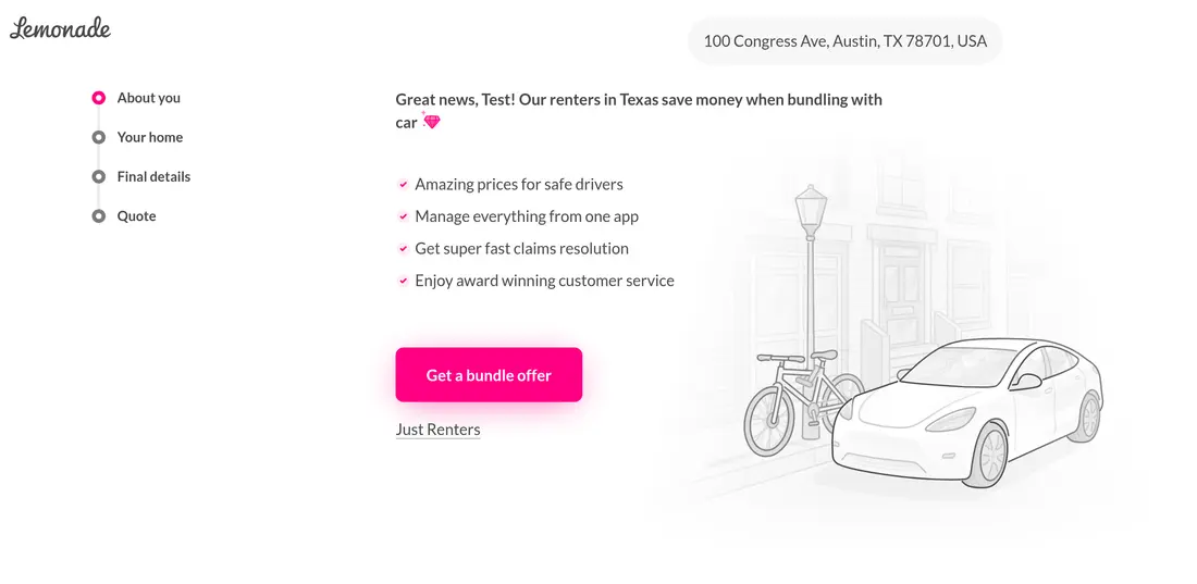 Lemonade lead form screen 5: a bundle offer listing four benefits of adding car insurance, with a pink Get a bundle offer button and a Just Renters link
