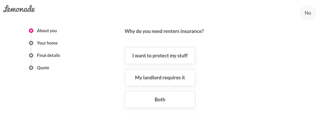 Lemonade lead form screen 6: three answer buttons asking why you need renters insurance