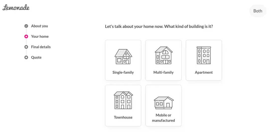 Lemonade lead form screen 7: illustrated cards for single-family, multi-family, apartment, townhouse and mobile home