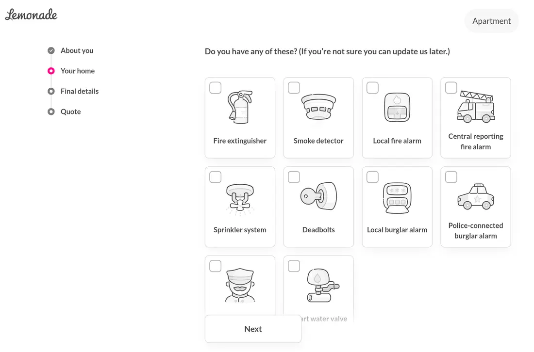 Lemonade lead form screen 8: a grid of checkbox cards for safety features such as smoke detector, deadbolts and burglar alarms