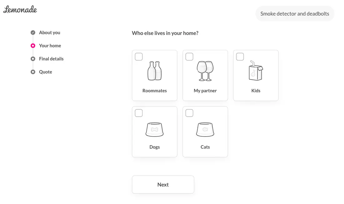 Lemonade lead form screen 9: checkbox cards for roommates, partner, kids, dogs and cats
