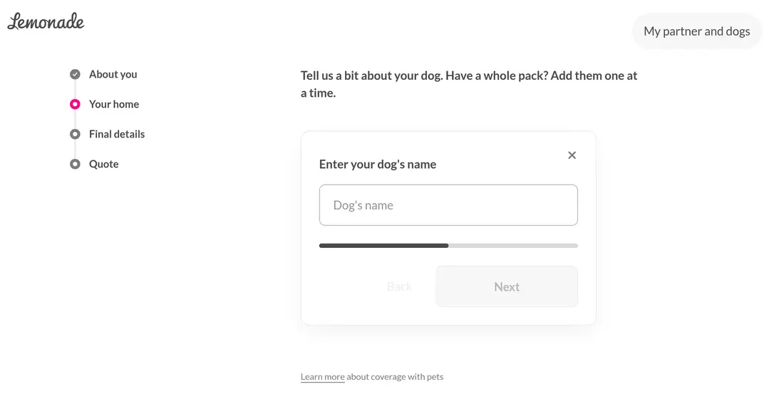 Lemonade lead form screen 10: a card asking for your dog&#x27;s name with its own progress bar and Back and Next buttons