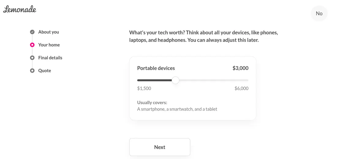 Lemonade lead form screen 11: a slider for the value of portable devices between $1,500 and $6,000