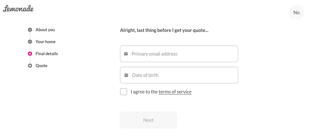 Lemonade lead form screen 12: email address and date of birth fields with a terms of service checkbox before the quote