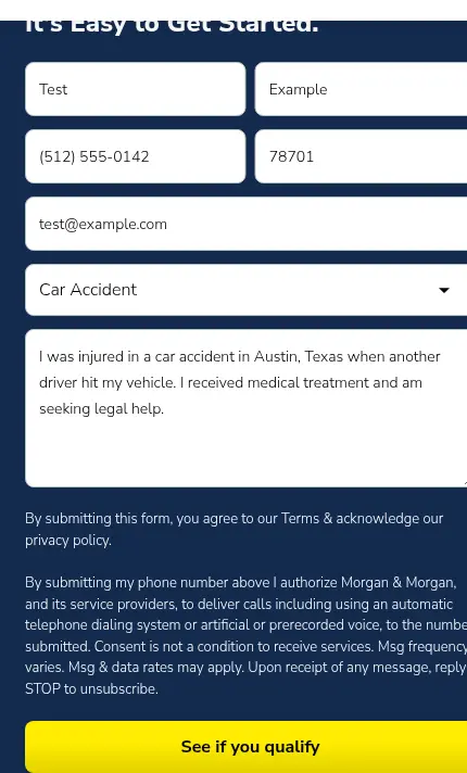 Morgan & Morgan lead form screen 2: the case evaluation form asking for name, phone, zip code, email, case type and case details, filled with test data
