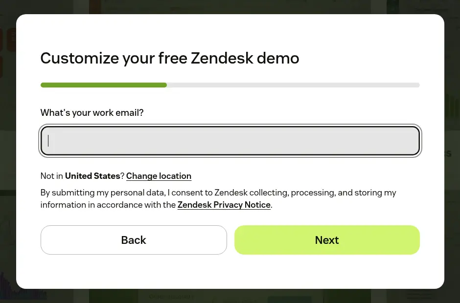 Zendesk lead form screen 2: the modal asking for a work email, with a privacy line and Back and Next buttons