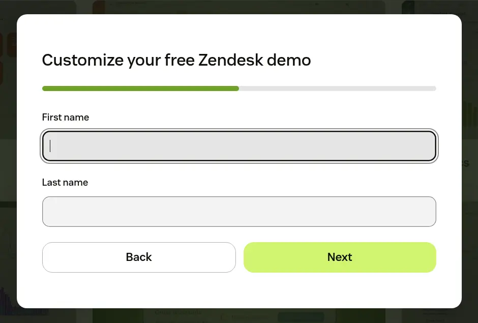 Zendesk lead form screen 3: the modal asking for first name and last name
