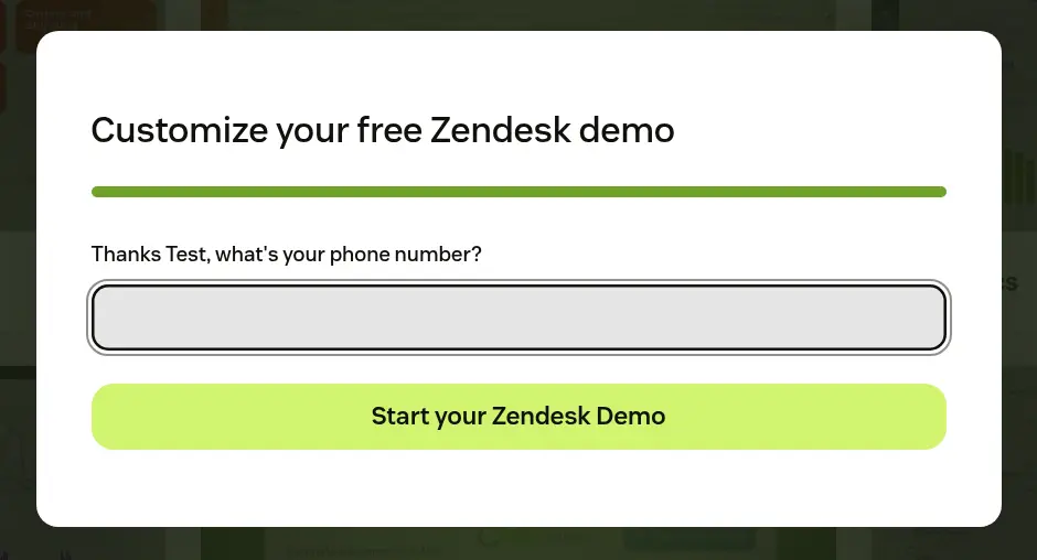 Zendesk lead form screen 4: the modal asking for a phone number with the Start your Zendesk Demo button and a full progress bar