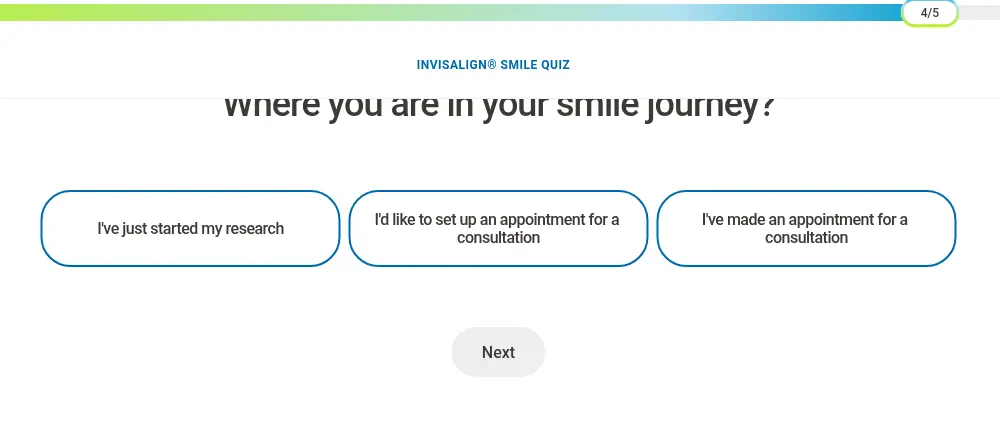 Invisalign lead form screen 4: three pill buttons for research, wanting to set up a consultation or having booked one, with the progress bar at 4 of 5