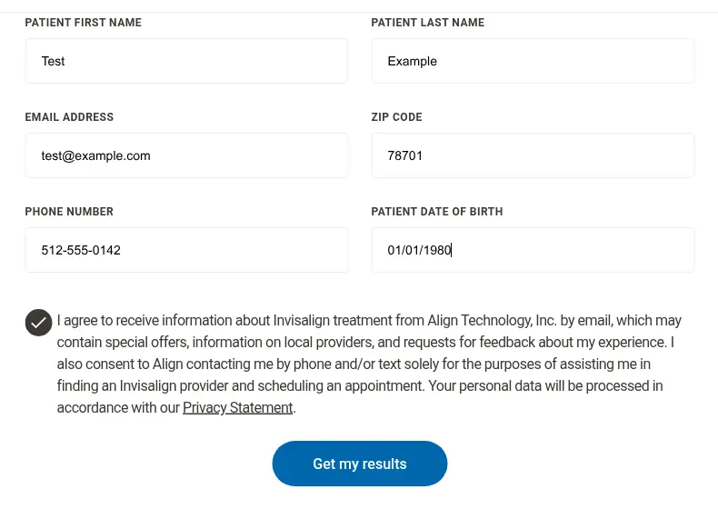 Invisalign lead form screen 5: the contact step with patient name, email, ZIP code, phone and date of birth fields, the pre-checked consent and the Get my results button