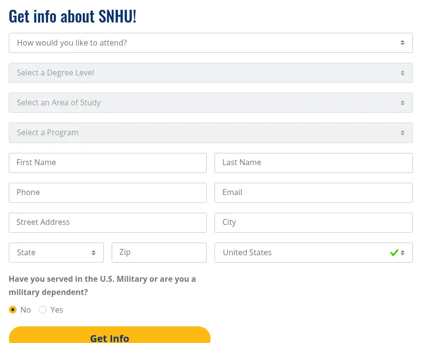 SNHU lead form screen 1: one page asking how you want to attend, degree level, area of study, program, name, phone, email, address and military status
