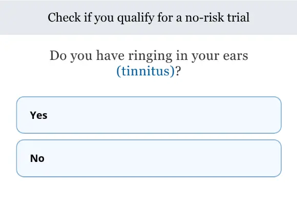 hear.com lead form screen 2: the quiz asks whether you have ringing in your ears, with Yes and No options
