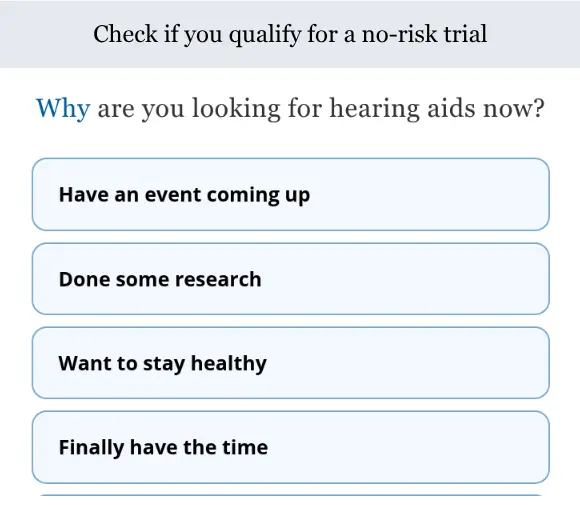 hear.com lead form screen 3: the quiz asks why you are looking for hearing aids now, with stacked option buttons such as have an event coming up and done some research