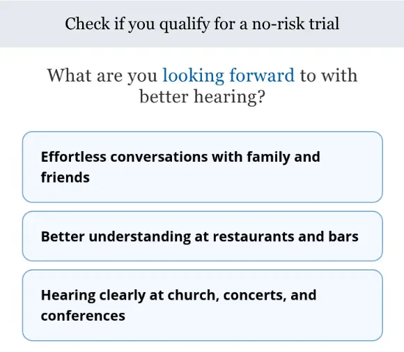 hear.com lead form screen 4: the quiz asks what you are looking forward to with better hearing, with options about conversations, restaurants and events