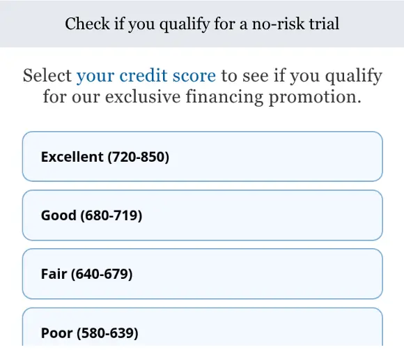 hear.com lead form screen 5: the quiz asks you to select your credit score range to check a financing promotion