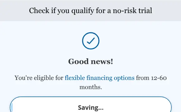 hear.com lead form screen 6: a Good news interstitial with a check mark saying you are eligible for flexible financing options from 12 to 60 months