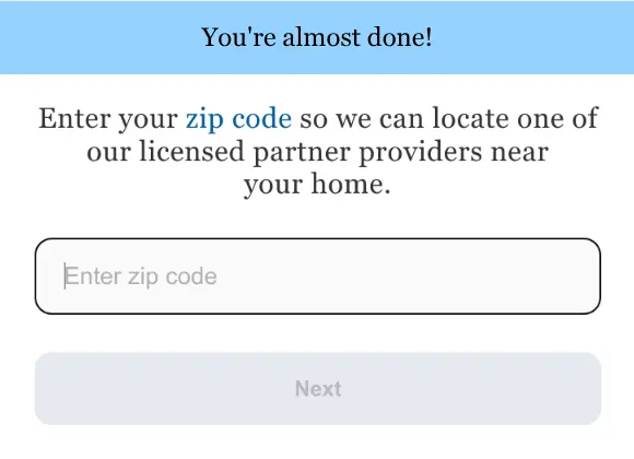hear.com lead form screen 8: the ZIP code field under the You&#x27;re almost done banner, with a Next button
