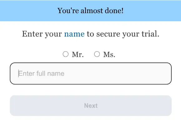 hear.com lead form screen 9: Mr. and Ms. radio buttons and a full name field, with a Next button