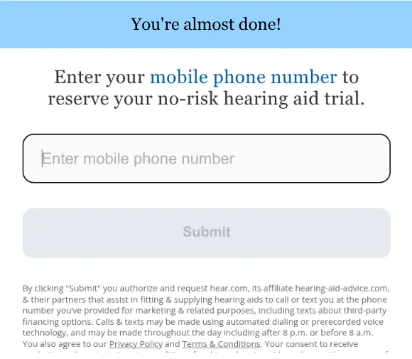 hear.com lead form screen 10: the mobile phone number field, the Submit button and the first lines of the call and text consent text