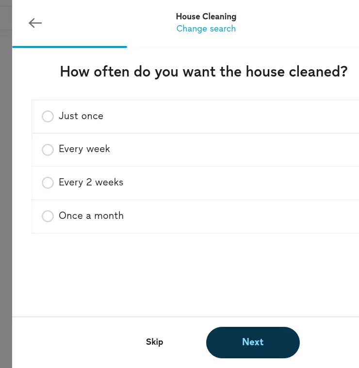 Thumbtack lead form screen 2: a modal asking how often the house should be cleaned, with four radio options from just once to once a month
