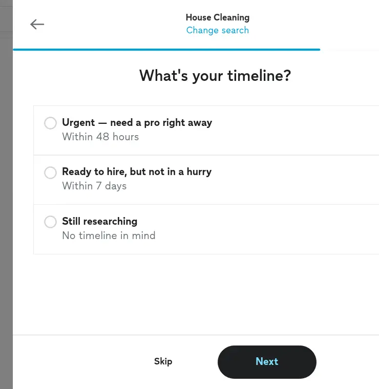 Thumbtack lead form screen 3: a modal asking for the timeline, with options urgent, ready to hire and still researching