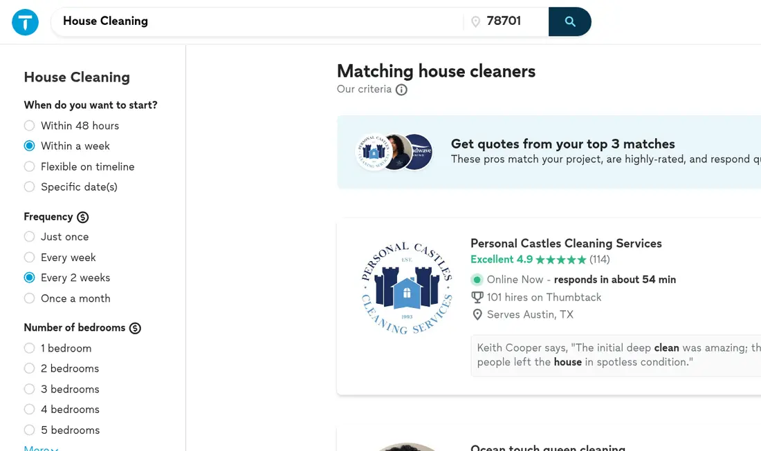 Thumbtack lead form screen 4: the results page listing matching house cleaners with filters in a left column and an offer to get quotes from the top 3 matches