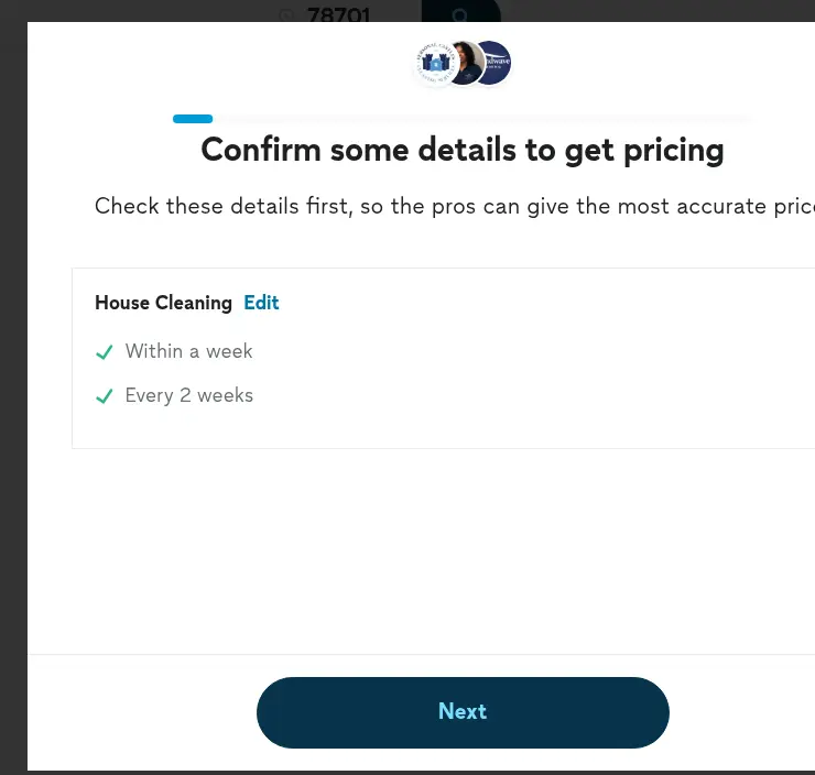 Thumbtack lead form screen 5: a modal over the results page summarizing the service, timing and frequency before pricing