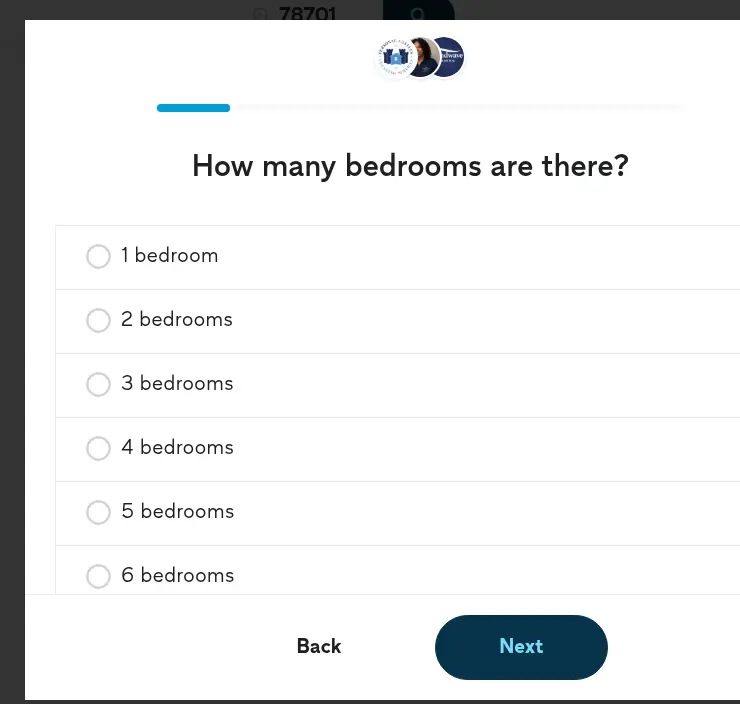 Thumbtack lead form screen 6: a modal asking how many bedrooms, one to six, with Back and Next buttons