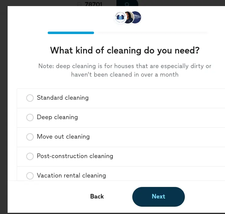 Thumbtack lead form screen 7: a modal asking what kind of cleaning is needed, from standard to vacation rental cleaning