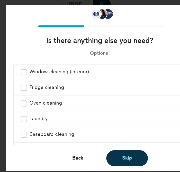 Thumbtack lead form screen 8: an optional modal with checkboxes for window, fridge, oven, laundry and baseboard cleaning