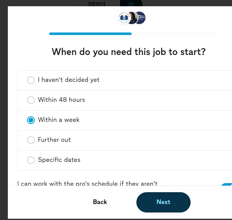 Thumbtack lead form screen 9: a modal asking when the job should start, from within 48 hours to specific dates