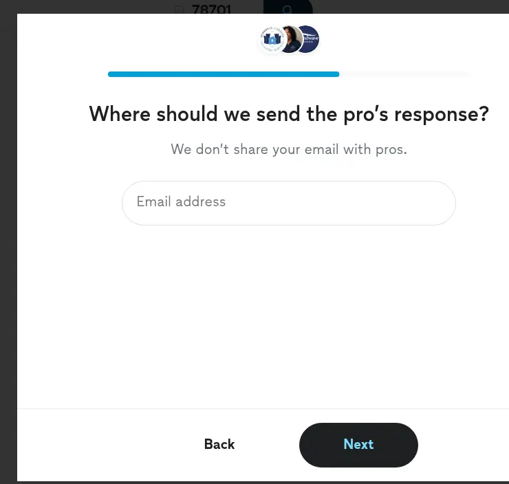 Thumbtack lead form screen 11: a modal asking for an email address with a note that it is not shared with pros