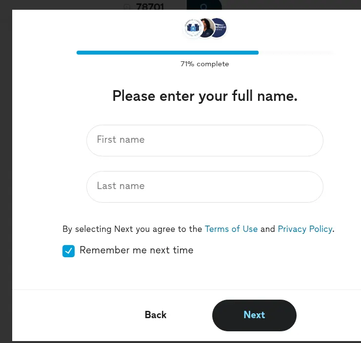 Thumbtack lead form screen 12: a modal asking for first and last name with a progress bar at 71 percent