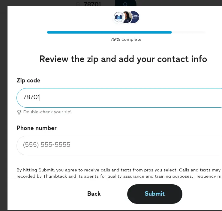Thumbtack lead form screen 13: the final modal asking for ZIP code and phone number above the consent text and Submit button