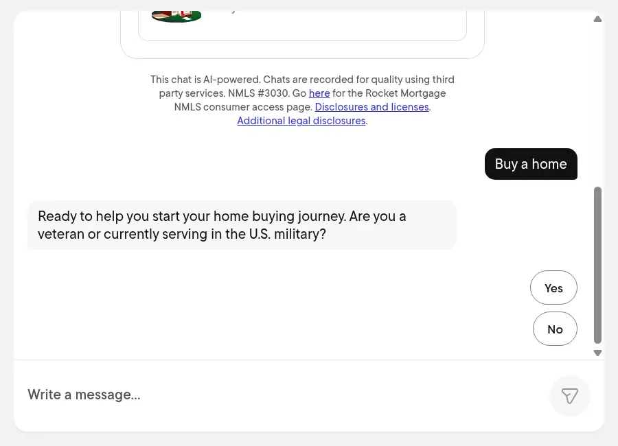 Rocket Mortgage lead form screen 2: the chat asks whether you are a veteran or serving in the military, with Yes and No reply chips