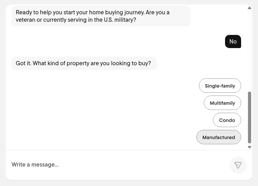 Rocket Mortgage lead form screen 3: the chat asks what kind of property you are buying, with single-family, multifamily, condo and manufactured chips
