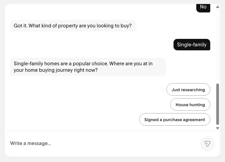 Rocket Mortgage lead form screen 4: the chat asks where you are in your home buying journey, with just researching, house hunting and signed a purchase agreement chips