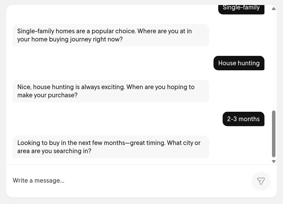 Rocket Mortgage lead form screen 5: the chat asks which city or area you are searching in, answered in the free text message box